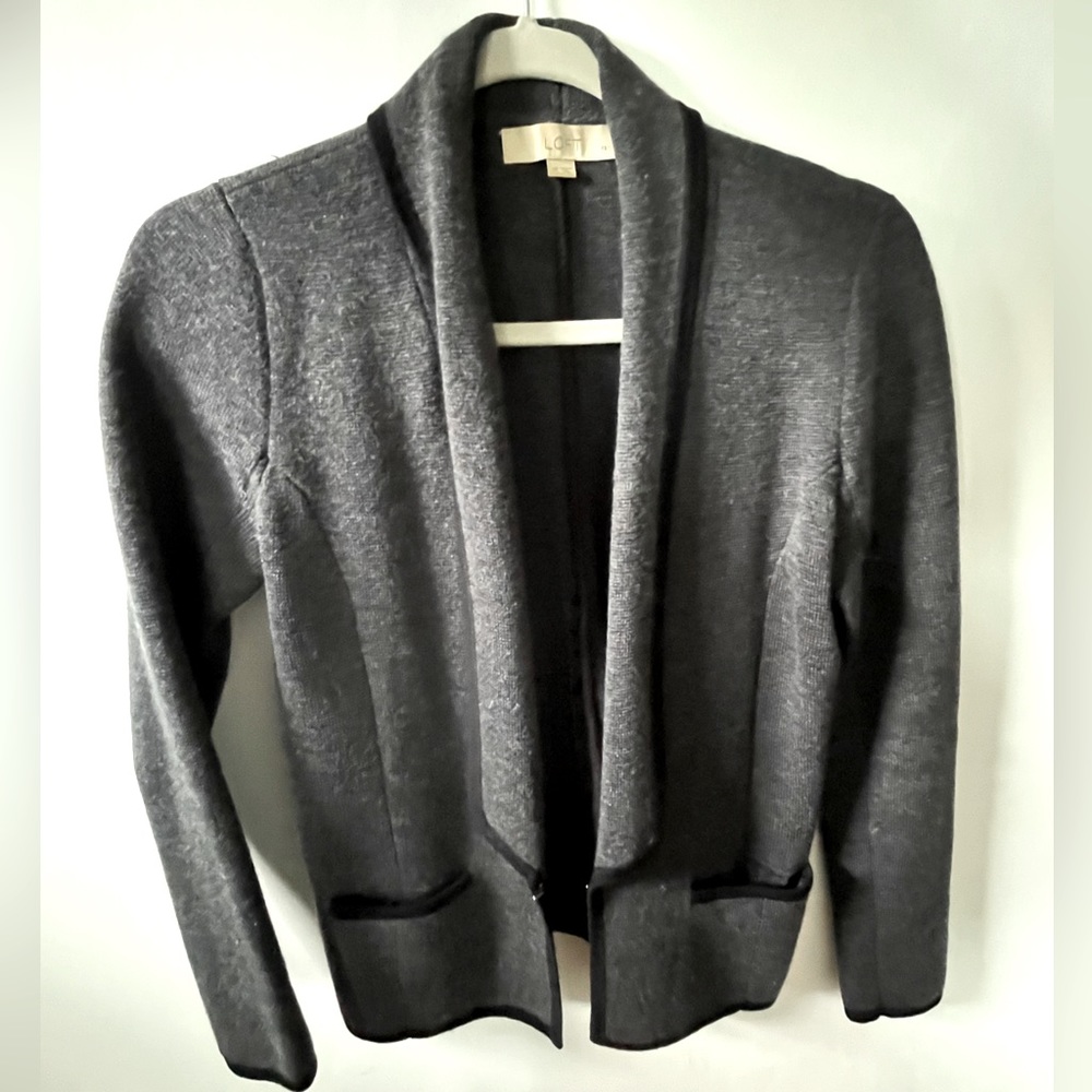 LOFT Dark Grey Blazer Style Sweater with Black Trim